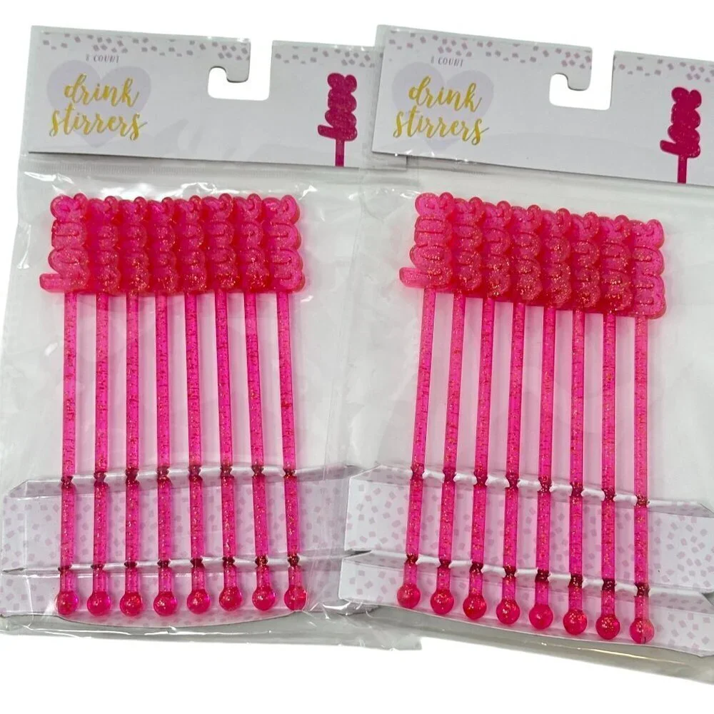 Hot Pink Love Glitter Drink Stirrers Swizzlers  2 Packs Valentine Bar Cart Decor